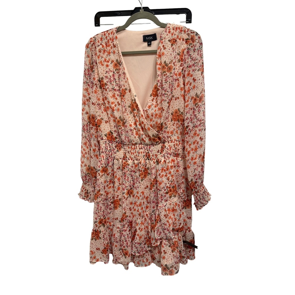 MSK Floral Print Long‎ Sleeve Mini Dress Smocked Waist Ruffle Hem L